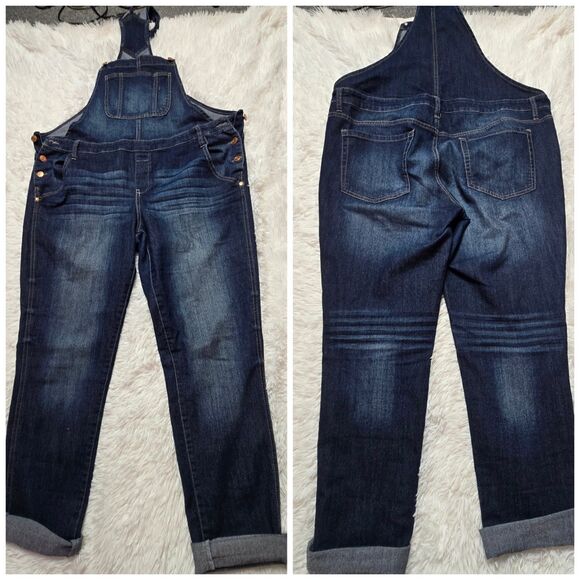 L.E.I. Y2k Dark Denim Whiskered Faded Hippie Overalls Size XL Juniors - Picture 1 of 13